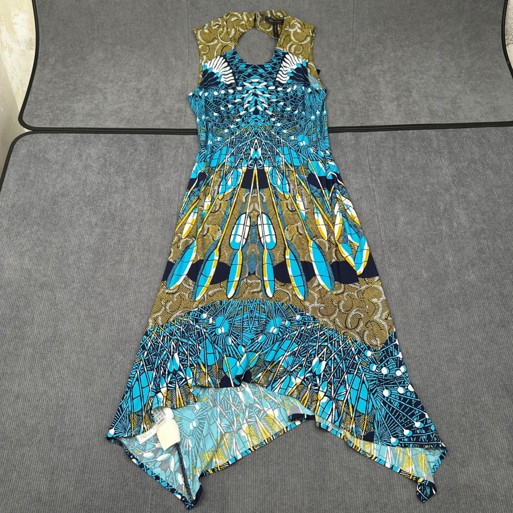 BCBGMAXAZRIA Verdigris Combo Print Handkerchief Hem Cutout Dress XXS New